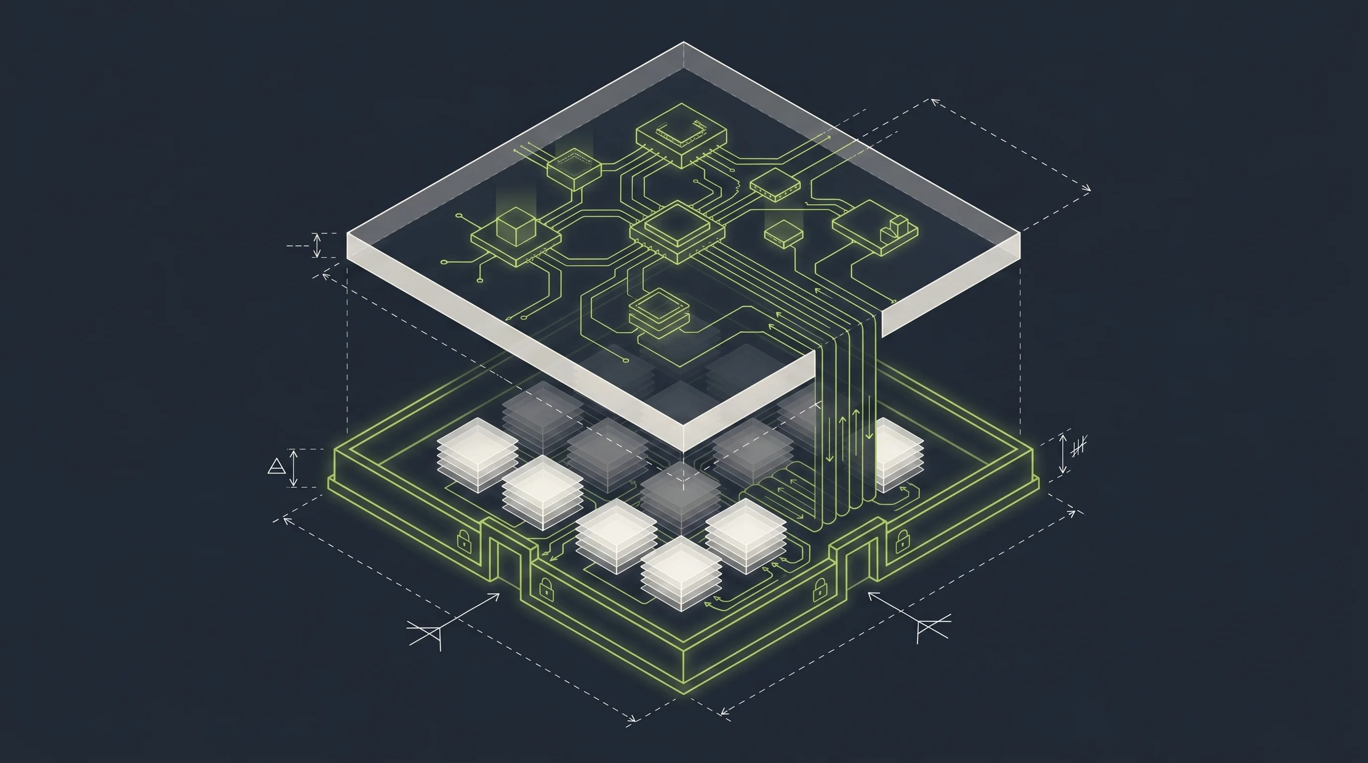 Exploded isometric view of two separated infrastructure layers: inference circuitry above, sovereign memory perimeter below